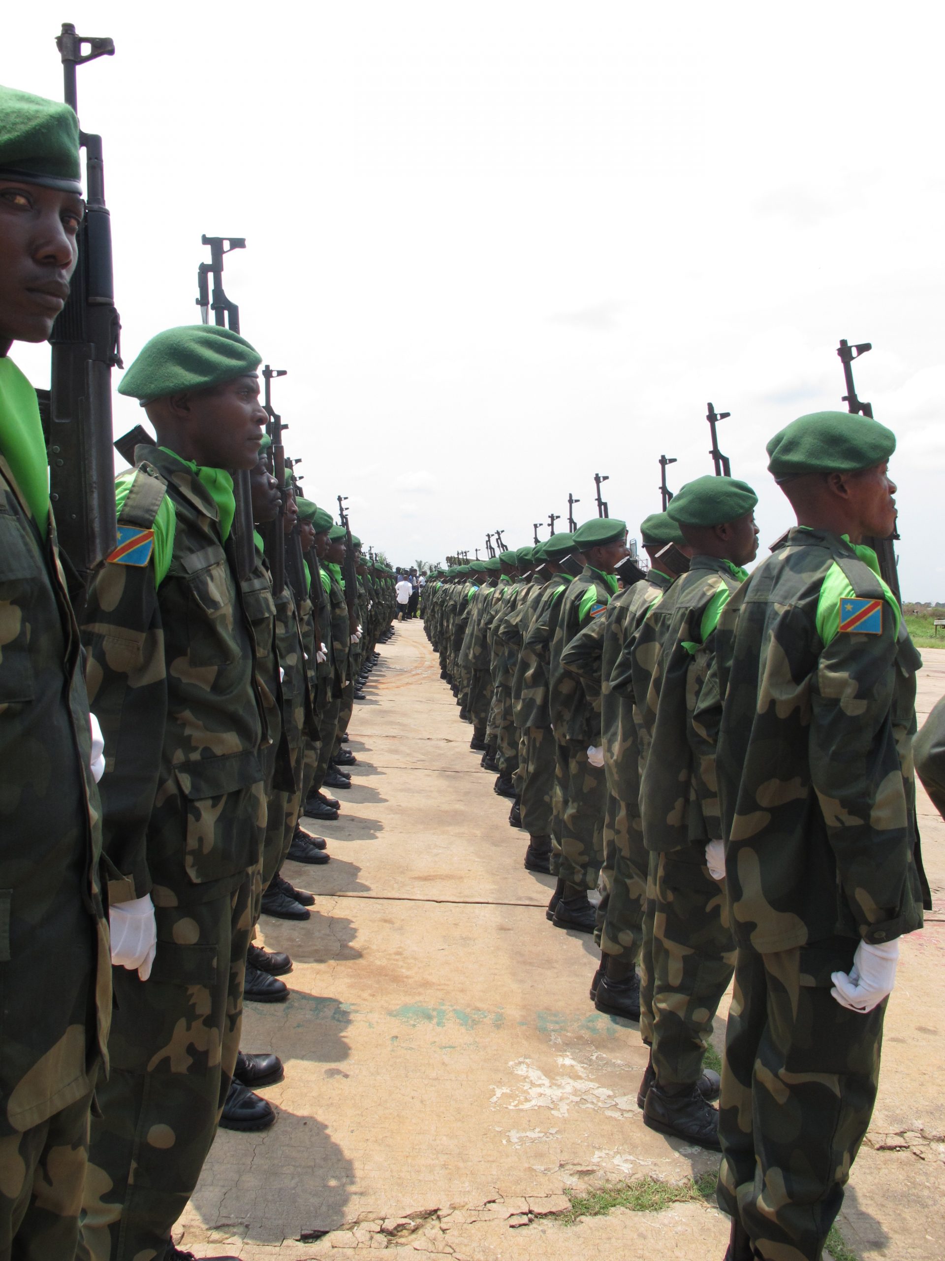 Soldiers of the Congolese armed forces standing at attention.