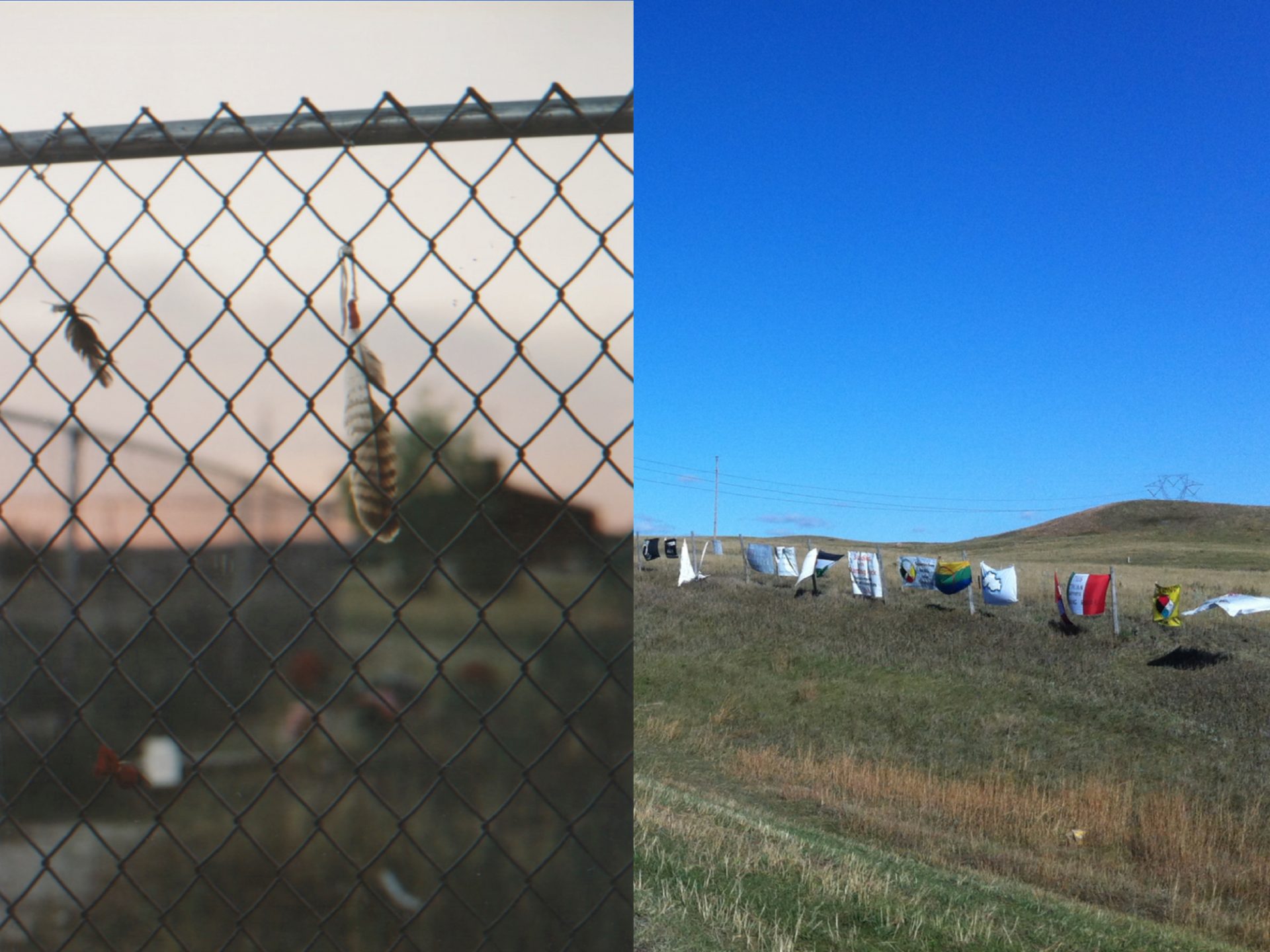 Diptych: 1) fence with feather in sunset, 2) Native American symbols attached to fence.